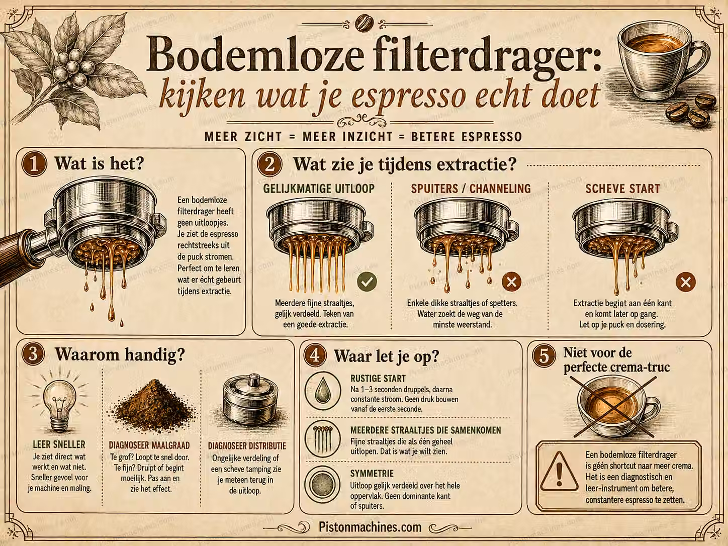 Vintage infographic die met een bodemloze filterdrager gelijkmatige extractie, channeling, spuiters en een scheve start zichtbaar maakt.