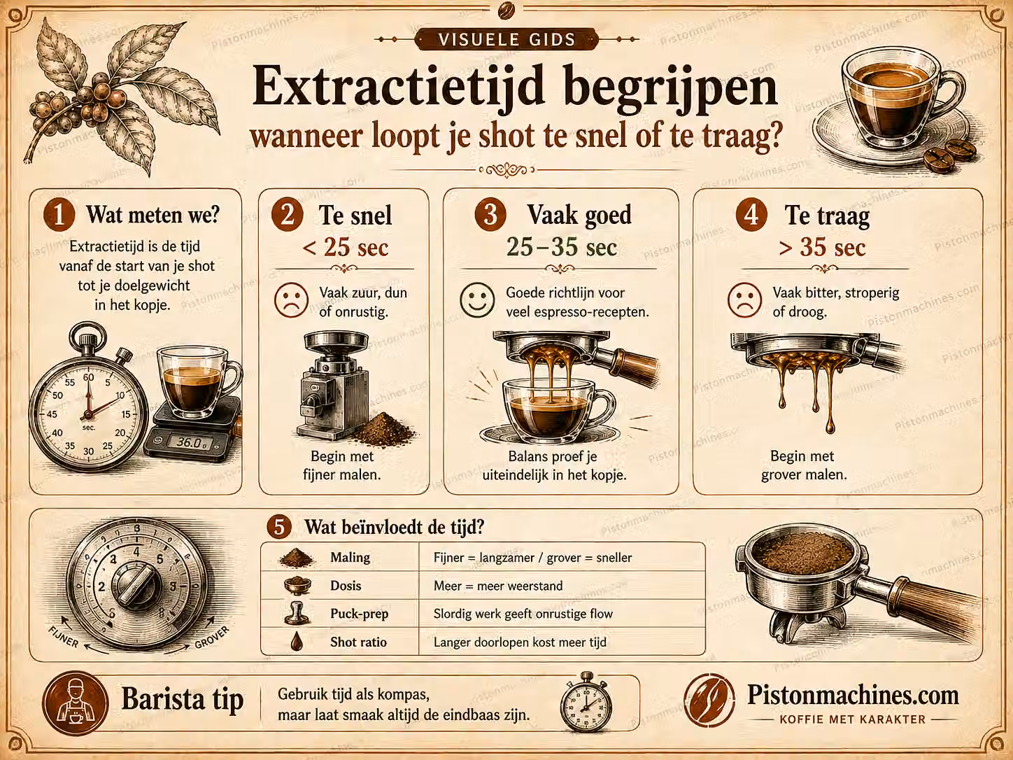 Vintage infographic over een te snelle, gebruikelijke en te trage espresso-extractie en welke factoren de doorlooptijd beïnvloeden.