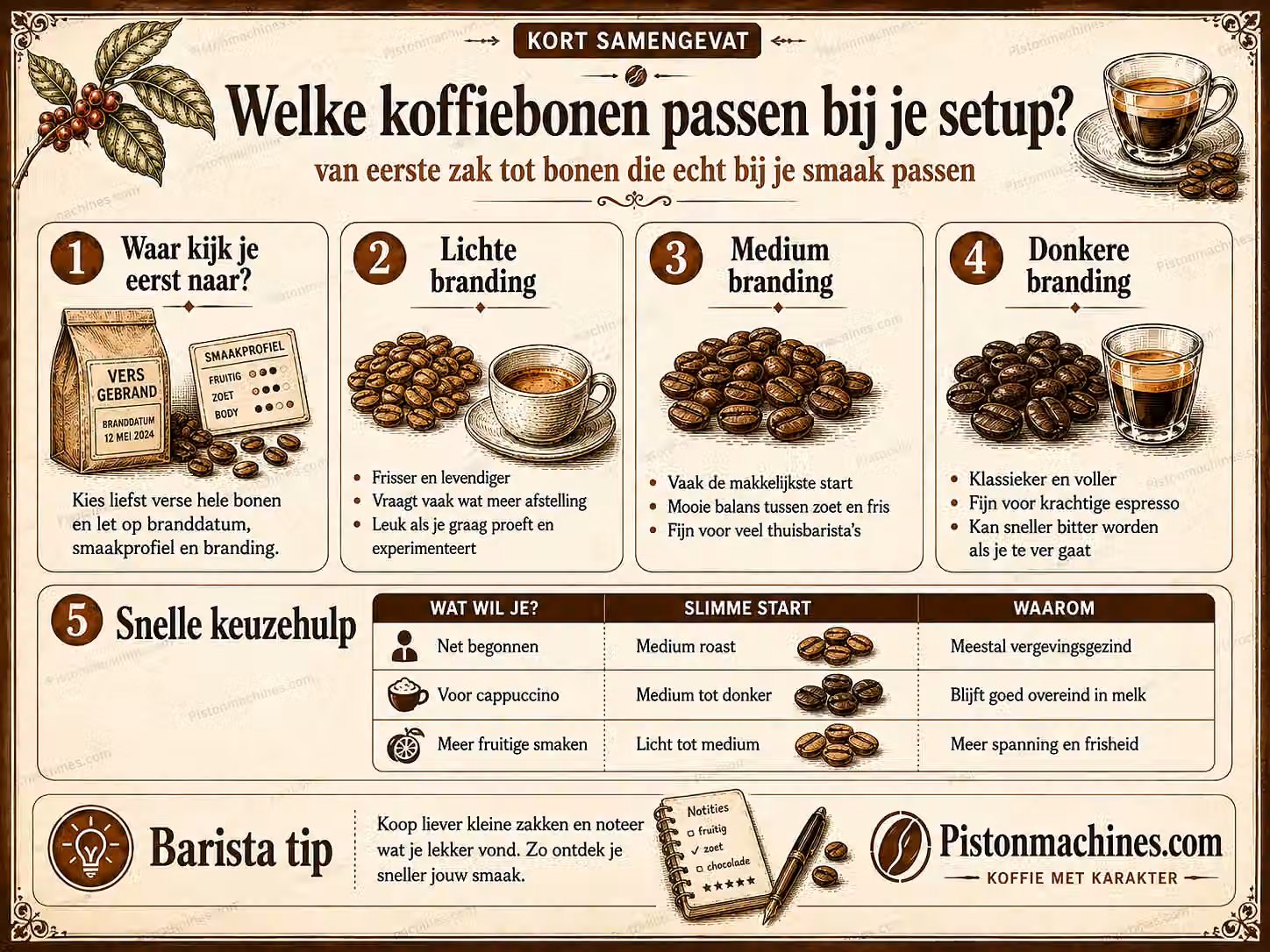 Vintage infographic die lichte, medium en donkere branding vergelijkt en een snelle keuzehulp geeft voor espresso, cappuccino en fruitige smaken.