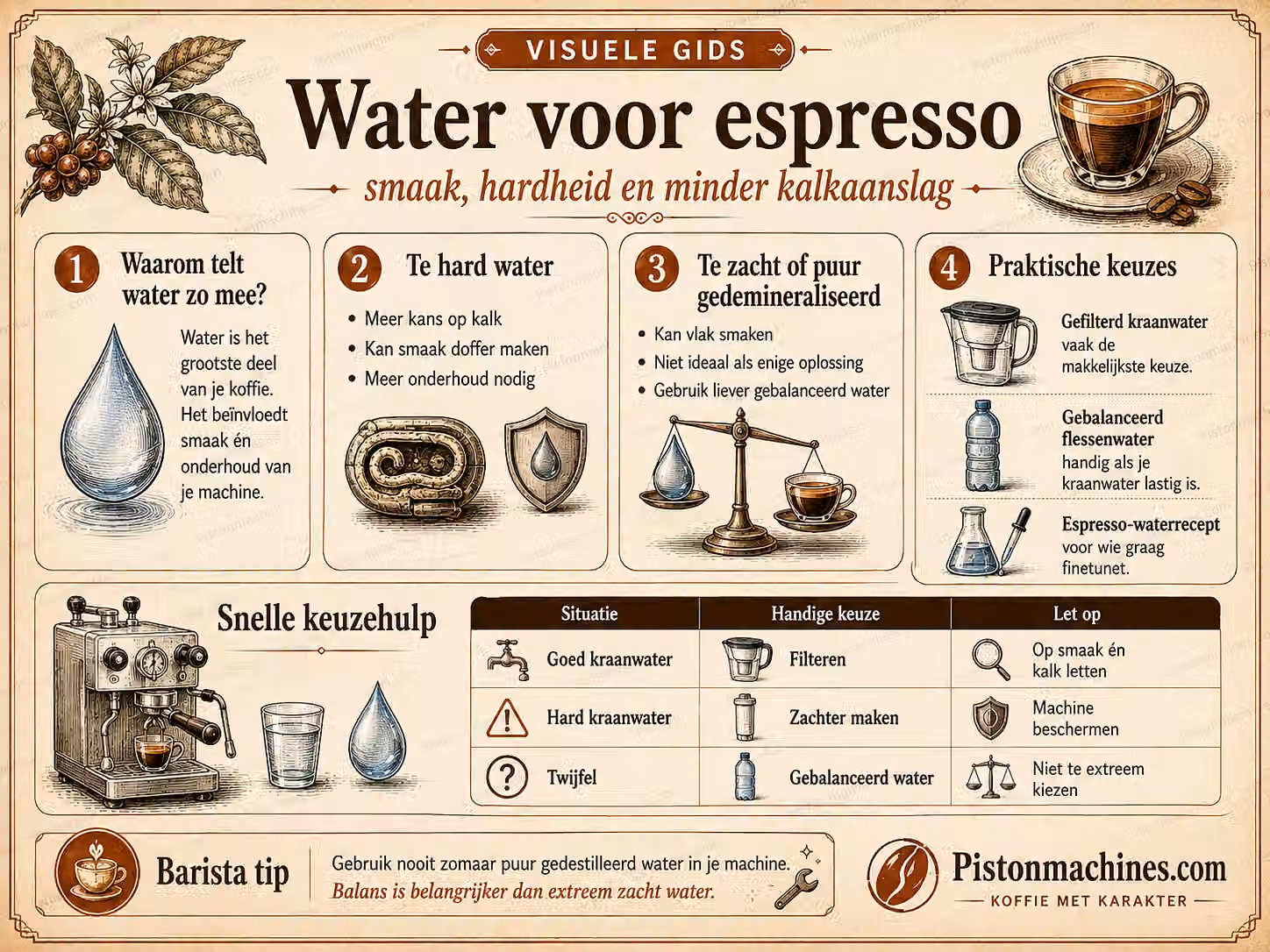Vintage infographic over waterhardheid, kalk, gefilterd kraanwater, gebalanceerd flessenwater en de invloed van water op espresso.